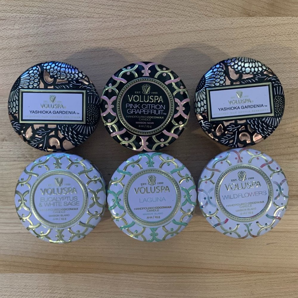 Six New Assorted Voluspa Tiny Tin Candles